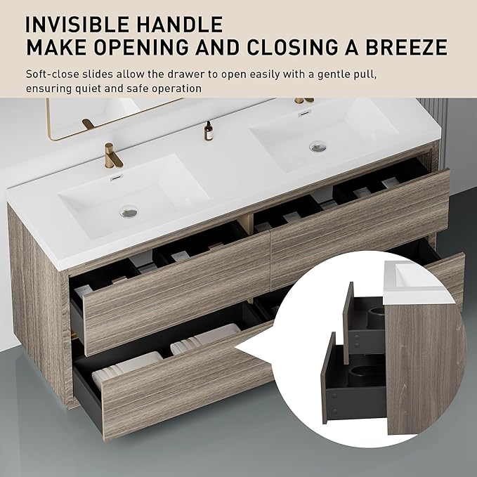 72 Inch Bathroom Vanity with Sink, Double Sink Bathroom Vanity, Freestanding Vanity Bathroom Soft Closed 4 Drawers, Integrated Sink (Ash Grey)