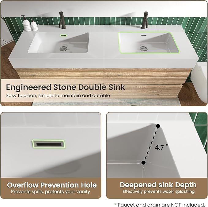 60" Floating Bathroom Vanity with Sink Combo, Modern Floating Double Sink Bathroom Vanity with Engineered Stone Tops & 4 Soft-Closing Drawers, Large Storage for Powder Room, Apartment, Rough Oak