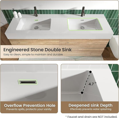 60" Floating Bathroom Vanity with Sink Combo, Modern Floating Double Sink Bathroom Vanity with Engineered Stone Tops & 4 Soft-Closing Drawers, Large Storage for Powder Room, Apartment, Rough Oak