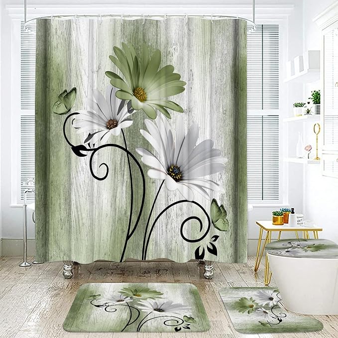 Onalasyc 4PCS Grass Green Daisy Bathroom Sets with Shower Curtain and Rugs | Country Floral Butterfly Shower Curtain Set,Modern Bathroom Decor Shower Curtains Set with Rugs Toilet Lid Cover and 12 Hooks