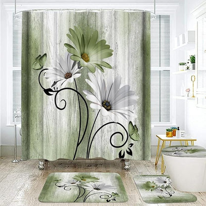 Onalasyc 4PCS Grass Green Daisy Bathroom Sets with Shower Curtain and Rugs | Country Floral Butterfly Shower Curtain Set,Modern Bathroom Decor Shower Curtains Set with Rugs Toilet Lid Cover and 12 Hooks