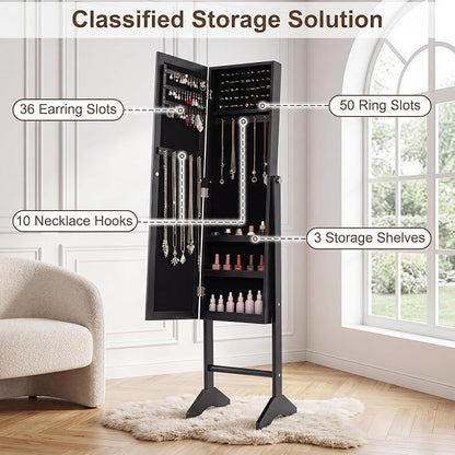 Giantex Jewelry Armoire with Full Length Mirror, Freestanding Jewelry Organizer Cabinet with Ring Slots, Earring Holders, Necklace Hooks & Storage Shelves for Bedroom (Black)