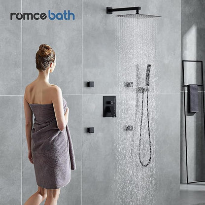 Rain Shower System With Complete 4 Pcs Body Sprays Jets And Pressured Balance Rough-in Valve,12Inch Rainfall Shower Head And Handheld, Modern Matte Black Wall Mount Shower Faucets Sets