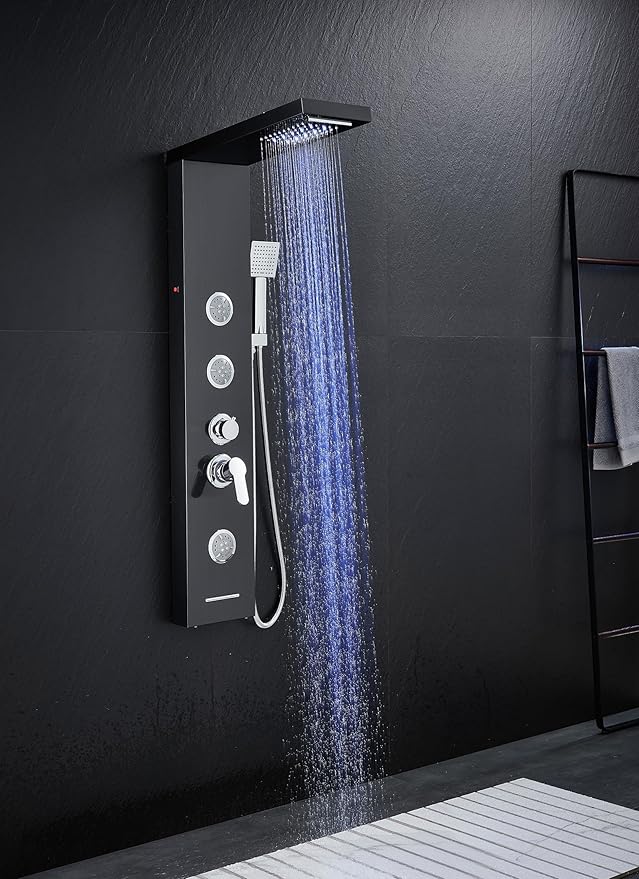 Multi-Function LED Lights Shower Panel System Black, 5 in 1 Shower Panel Include Rainfall & Waterfall Shower Head, 3 Pcs Adjustable Massage Jets, Handheld Shower, Tub Spout