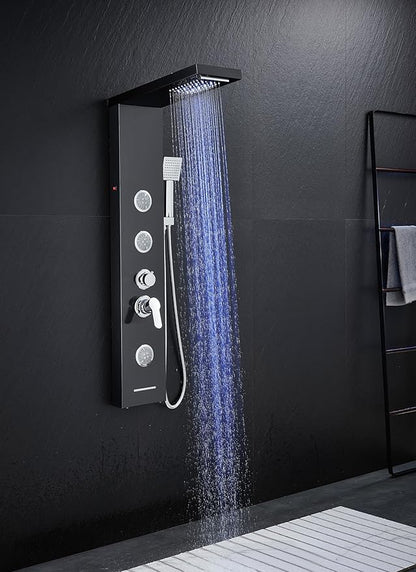 Multi-Function LED Lights Shower Panel System Black, 5 in 1 Shower Panel Include Rainfall & Waterfall Shower Head, 3 Pcs Adjustable Massage Jets, Handheld Shower, Tub Spout