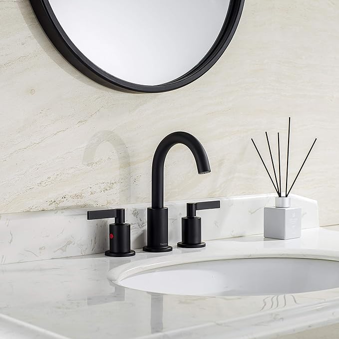 Matte Black 2 Handle 8 Inch Widespread Bathroom Sink Faucet with Pop-Up Drain, High Arc Modern Bathroom Vanity Lavatory Faucet 3 Holes with Brass 360° Swivel Spout, TAF830C-MB
