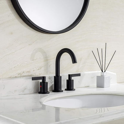 Matte Black 2 Handle 8 Inch Widespread Bathroom Sink Faucet with Pop-Up Drain, High Arc Modern Bathroom Vanity Lavatory Faucet 3 Holes with Brass 360° Swivel Spout, TAF830C-MB