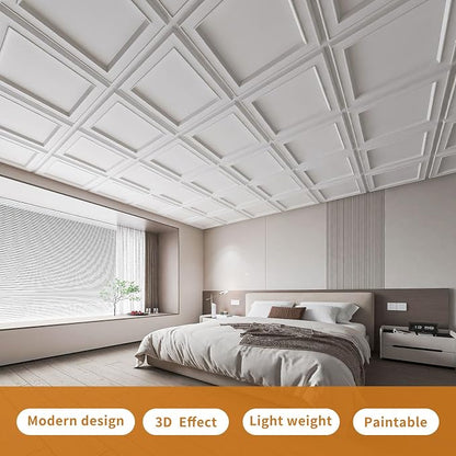 WOWSTAR 12-Pack 24"x24" Drop Ceiling Tiles, Waterproof Glue up Ceiling Panels, Modern Style 3D Wall Panels, White | PVC ceiling panels, 24"x24", waterproof, glue-up install, basement kitchen bathroom, 12-pack, set D