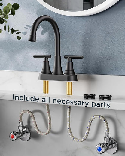 FORIOUS Matte Black Bathroom Faucets, 4 Inch Centerset Bathroom Sink Faucet 2 or 3 Hole with Pop up Drain and cUPC Hose, Two Handles Control, 360° spout for Restroom,Vanity, RV