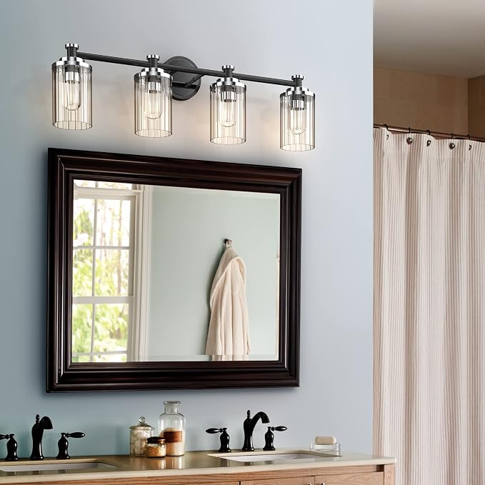 Bathroom Lighting Fixtures Black and Chrome Bathroom Vanity Light with Cylindrical Clear Stripes Glass Lampshade E26 Socket Base Bathroom Lighting Fixtures Over Mirror (4 Lights)