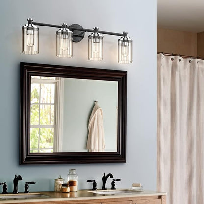 Bathroom Lighting Fixtures Black and Chrome Bathroom Vanity Light with Cylindrical Clear Stripes Glass Lampshade E26 Socket Base Bathroom Lighting Fixtures Over Mirror (4 Lights)