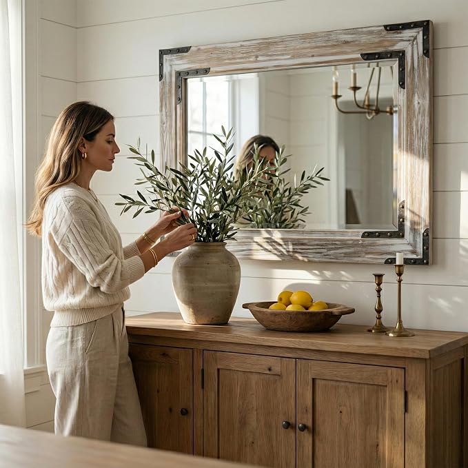 Distressed White 24x36 Inch Wood Bathroom Vanity Mirror, Rivets | Farmhouse style, beveled glass edge, layered whitewashed grain, single-sink bathrooms, dressers and entry consoles