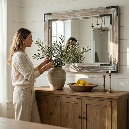 Distressed White 24x36 Inch Wood Bathroom Vanity Mirror, Rivets | Farmhouse style, beveled glass edge, layered whitewashed grain, single-sink bathrooms, dressers and entry consoles