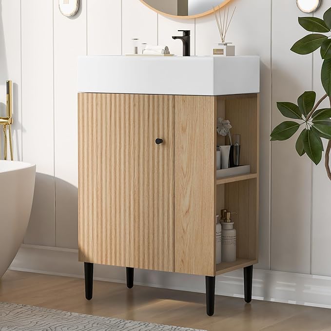 LUMISOL 21.6" Small Bathroom Vanity with Sink, Narrow Depth Bathroom Vanity with Soft-Close Door & Right Side Shelf, Wooden Freestanding Bathroom Sink Cabinet with Ceramic Sink, Natural