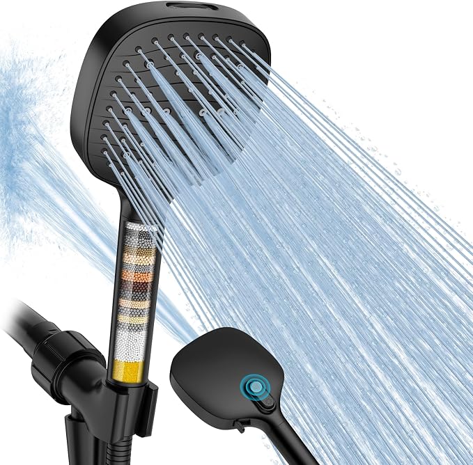Filtered Shower Head with Handheld, High Pressure 7 Mode Black Handheld Shower Head with Hose and Filters for Hard Water, Built-in Power Wash to Clean Tub, Remove Chlorine - Reduce Dry Itchy Skin