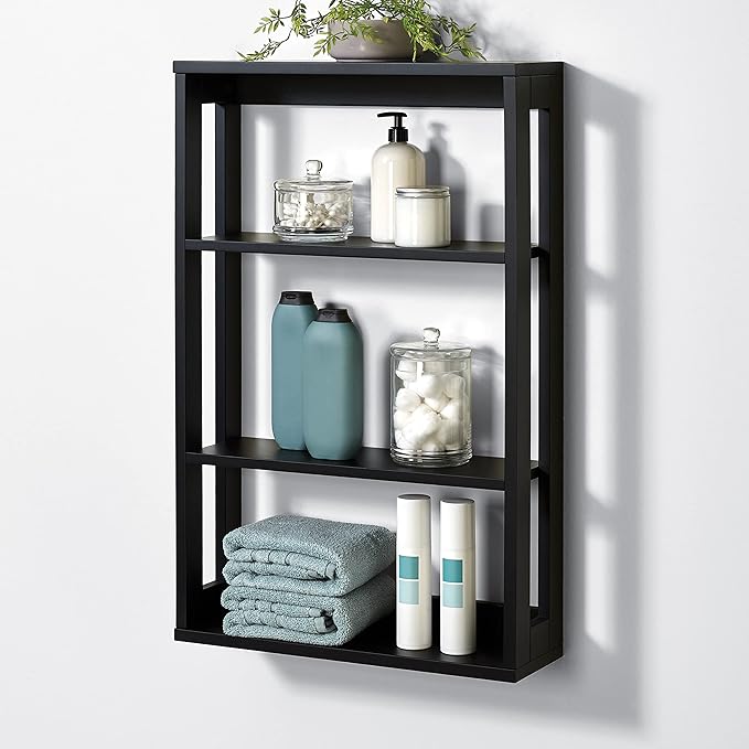 Zenna Home Wall Mounted Storage Shelf, Wood Space Saving Storage Organizer with 4 Shelves, Shelving Unit for Small Spaces like Bathroom and Kitchen, Black