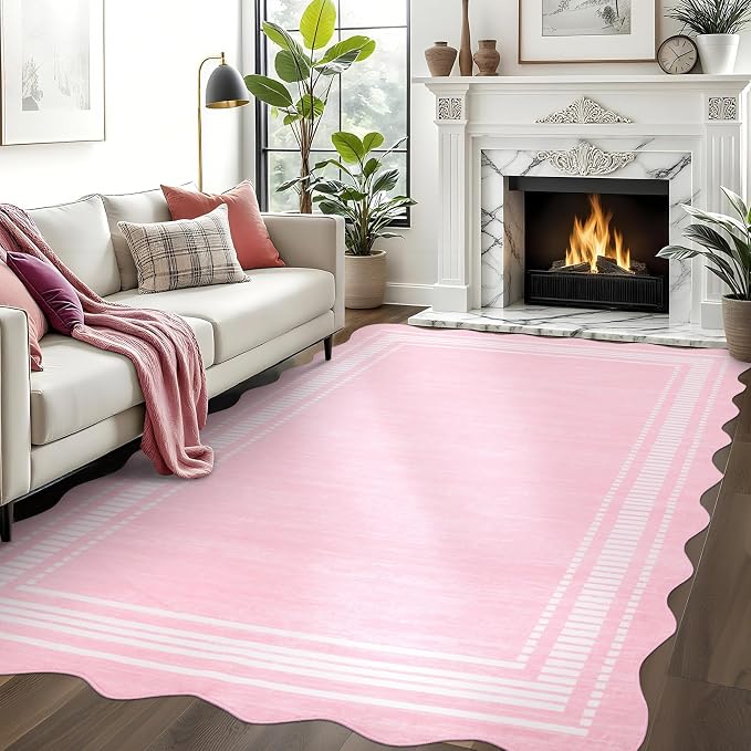 Garvee Washable Rugs 10x13 Scalloped Area Rugs for Living Room Bedroom | Girls Rug for Bedroom Non-Slip Soft Carpet for Bedroom, Scalloped Low-Pile Print Accent Rug for Dining Room Home Office