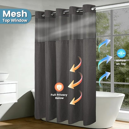 EUTXL Heavyweight Charcoal Grey Stall No Hook Shower Curtain with Snap in Liner,256GSM Waffle Weave Shower Curtains for Bathroom,54W x 80H