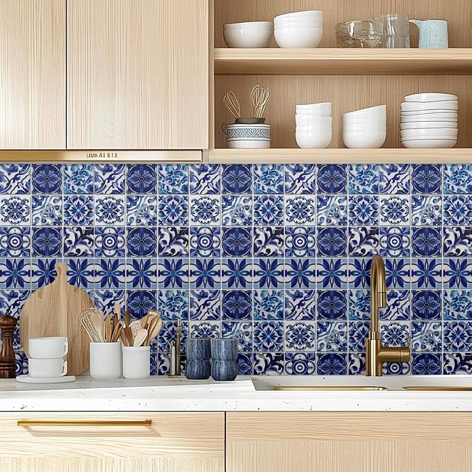 CHGCRAFT 36PCS Blue Relief Peel and Stick Tile Stickers Mosaic Style Removable Wall Decals Self Adhesive Tile Wallpaper for Kitchen Bathroom Toilet Living Room, 4x4 Inches
