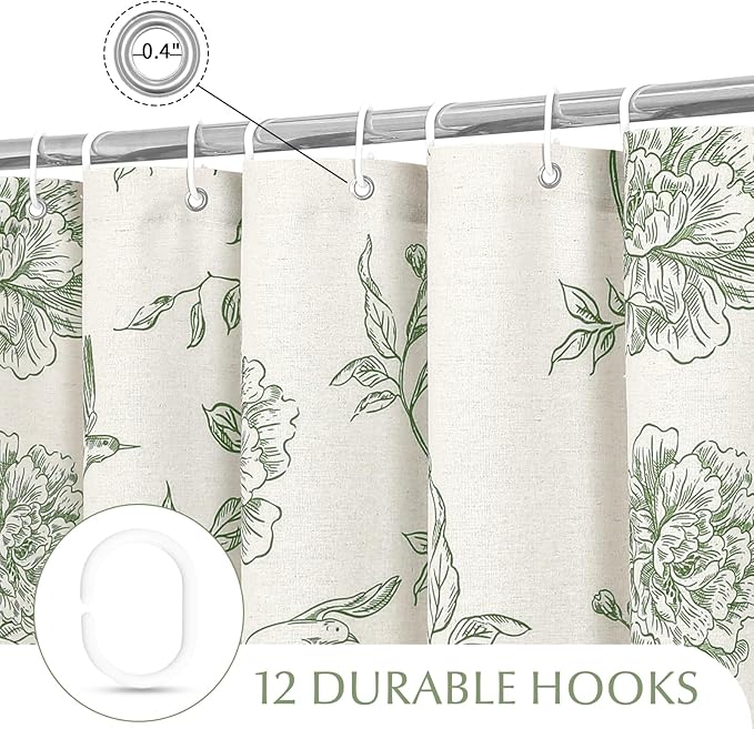 MitoVilla Sage Green Farmhouse Shower Curtain Set, Cotton Floral Hummingbird Cottagecore Spring Shower Curtains for Bathroom, Modern Country Bathroom Décor, 72" W x 72" L