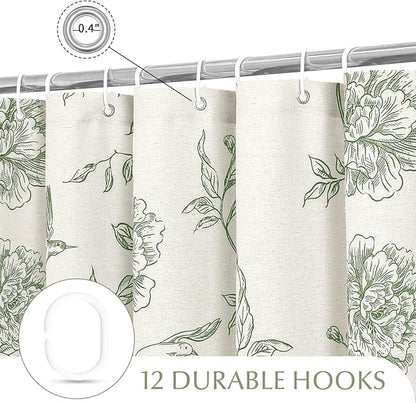 MitoVilla Sage Green Farmhouse Shower Curtain Set, Cotton Floral Hummingbird Cottagecore Spring Shower Curtains for Bathroom, Modern Country Bathroom Décor, 72" W x 72" L