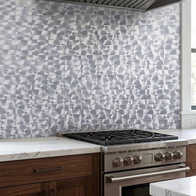 XUANINY Peel and Stick Tile Backsplash Self- Adhesive Wall Tiles Aluminum Mosaic Sticker for Kitchen (11.33"x11.92" Per Sheet, Pack of 5 pcs) (Silver Texture 5)