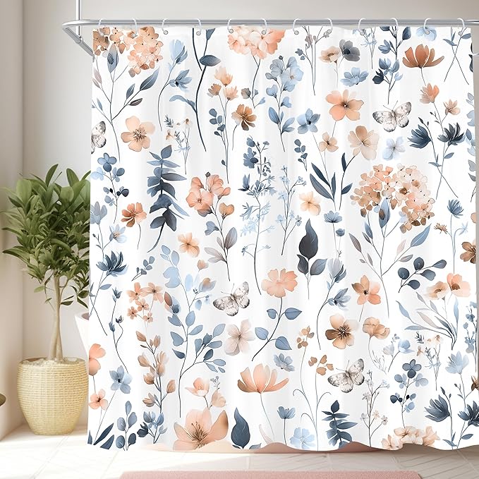 Cute Floral Blue Pink Flower Watercolor Plants Bathroom Shower Curtain Set | 72"W x 72"H Wildflower Butterfly; waterproof HD print, quick-dry fabric and plastic hooks for easy setup.