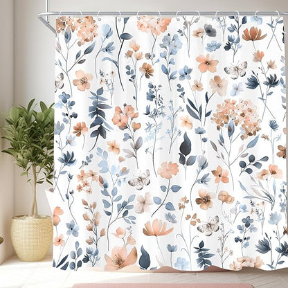 Cute Floral Blue Pink Flower Watercolor Plants Bathroom Shower Curtain Set | 72"W x 72"H Wildflower Butterfly; waterproof HD print, quick-dry fabric and plastic hooks for easy setup.