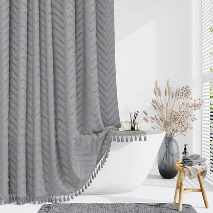 Extra Long Boho Fabric Shower Curtain Tufted Chevron 72"x84" Grey | 84 Inch Tall, Elegant Tassel, Lightweight Textured Fabric, Water Repellent, Washable, Hotel Spa, for Bathroom/Dorm 12 Hooks
