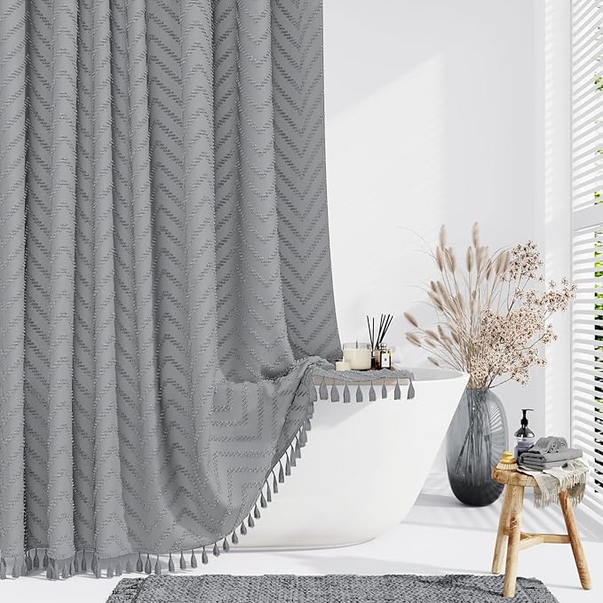 Long Boho Farmhouse Shower Curtain Tufted Chevron 72"x78" Grey | 78 Inch Tall, Elegant Tassel, Lightweight Textured Fabric, Water Repellent, Washable, Hotel Spa, for Bathroom/Dorm 12 Hooks
