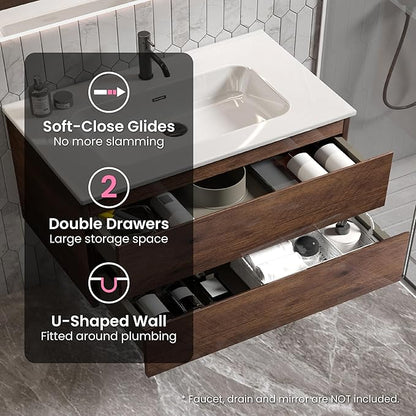 36" Bathroom Vanity with Sink, Modern Floating Vanity with Double Soft Closing Drawers, Large Storage for Small Space, Walnut, Fully Assembled - Iris Collection