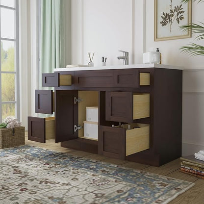 54 Inch Bathroom Vanity Base Only, Single Vanity Cabinet with 5 Dove-Tailed Drawers, Soft-Closing Doors, Brown, Without Top,Small