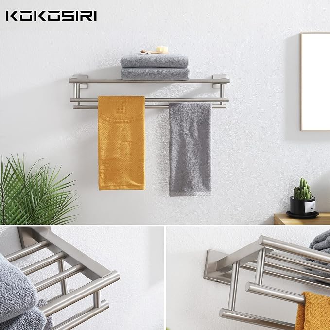 KOKOSIRI 20 Inch Towel Rail Towel Shelf with Double Towel Bars Bathroom Towel Rack Towel Holder Wall Mounted SUS 304 Stainless Steel, Brushed Nickel, B6005BR-L20