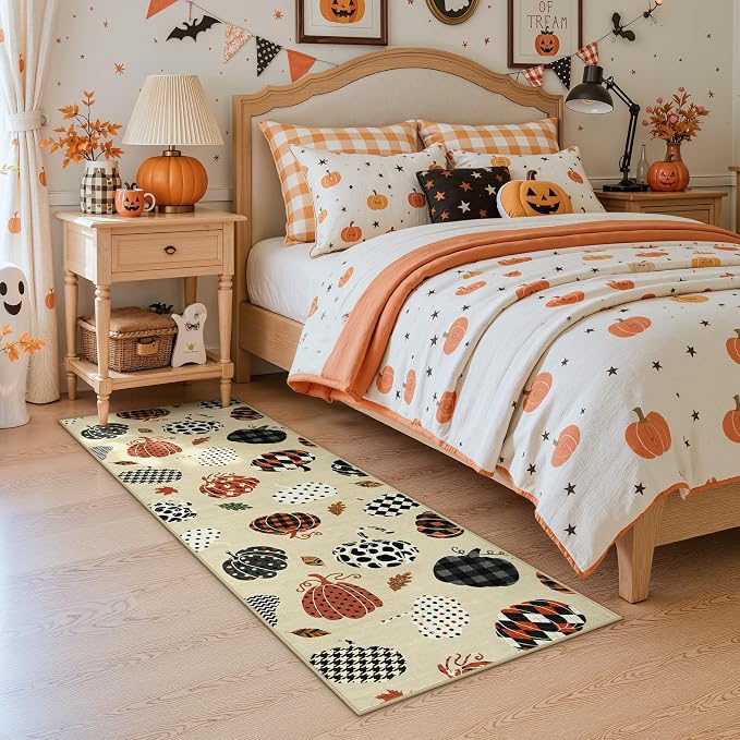 2x6 Beige Halloween Fall Pumpkin Print Hallway Runner Rug for Kitchen | Washable Non-Slip Low-Pile Autumn Thanksgiving Rug for Hallway, Entryway, Bedroom, Bathroom, Halloween Home Decor Indoor Rug