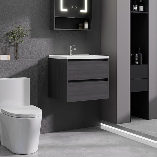 Grey Floating Bathroom Vanity with Sink, 23x18 Inch Wall Mounted Bathroom Cabinet with 2 Drawers, Modern Single Sink Vanity for Small Bathroom, Space-Saving Storage Cabinet