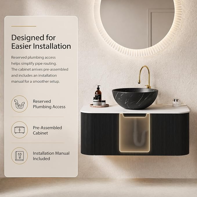 36 Inch Bathroom Vanity with Sink, Floating Wall Mounted Single Sink Vanity, Black Curved Fluted Front, Stone Top, Black Marble Vessel Basin, Pre-Assembled