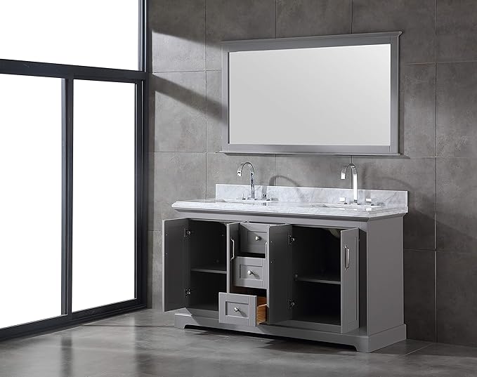 Mareo 60" Solid Wood Double Sink Bathroom Vanity | Marble Countertop & Backsplash | Soft Closing Doors & Drawers | Nickel Brushed Handles | Grey Cabinet & Undermount Ceramic Sink Top | Pre-Assembled