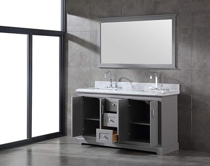 Mareo 60" Solid Wood Double Sink Bathroom Vanity | Marble Countertop & Backsplash | Soft Closing Doors & Drawers | Nickel Brushed Handles | Grey Cabinet & Undermount Ceramic Sink Top | Pre-Assembled