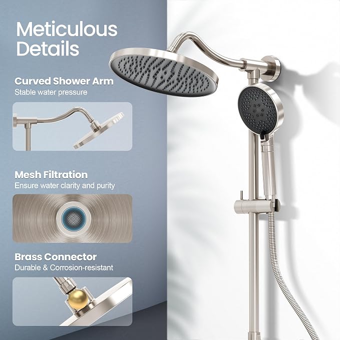 Rainshower Head with Handheld Spray, Retrofit Shower System | Solid Brass Connecter, High Pressure Shower Head with Adjustable Holder& Tub Spout, 60" Stainless Steel Hose, Brushed Nickel