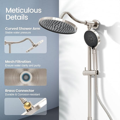 Rainshower Head with Handheld Spray, Retrofit Shower System | Solid Brass Connecter, High Pressure Shower Head with Adjustable Holder& Tub Spout, 60" Stainless Steel Hose, Brushed Nickel