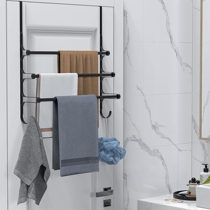 CANYAVE Over The Door Towel Rack, Extendable Triple Towel Storage Holder with Hooks, 24.02 Inches Towel Bar Hanger Towel Racks for Bathroom (Black)