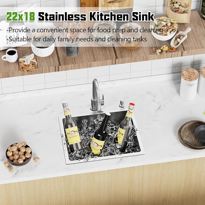 22x18 In Undermount Kitchen And Bar Sink- Stainless Steel Single Bowl Kitchen Sink Modern Drop In Bar Sink With Silicon Mat,Drain Strainer Set Compatibility With Various Kitchen & Bar Style