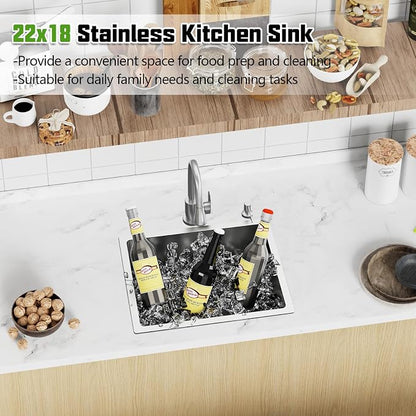 22x18 In Undermount Kitchen And Bar Sink- Stainless Steel Single Bowl Kitchen Sink Modern Drop In Bar Sink With Silicon Mat,Drain Strainer Set Compatibility With Various Kitchen & Bar Style
