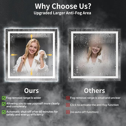 36"x36" LED Bathroom Mirror with Lights, Backlit+Frontlit, Anti-Fog | CRI 95, Stepless Dimmable, 3 Colors Lighting, Shatterproof Tempered Glass, HD Reflection, Memory, (Horizontal/Vertical)