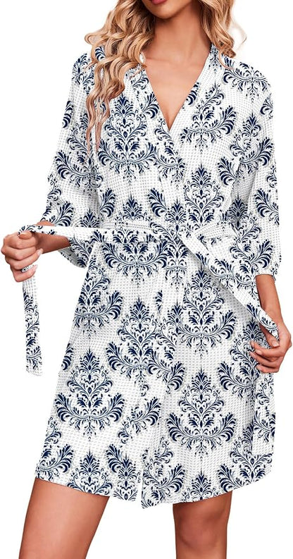 Ekouaer Robes for Women Waffle Knit Bathrobe Soft Lightweight Knee Length Loungewear S-XXL