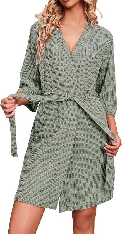 Ekouaer Robes for Women Waffle Knit Bathrobe Soft Lightweight Knee Length Loungewear S-XXL