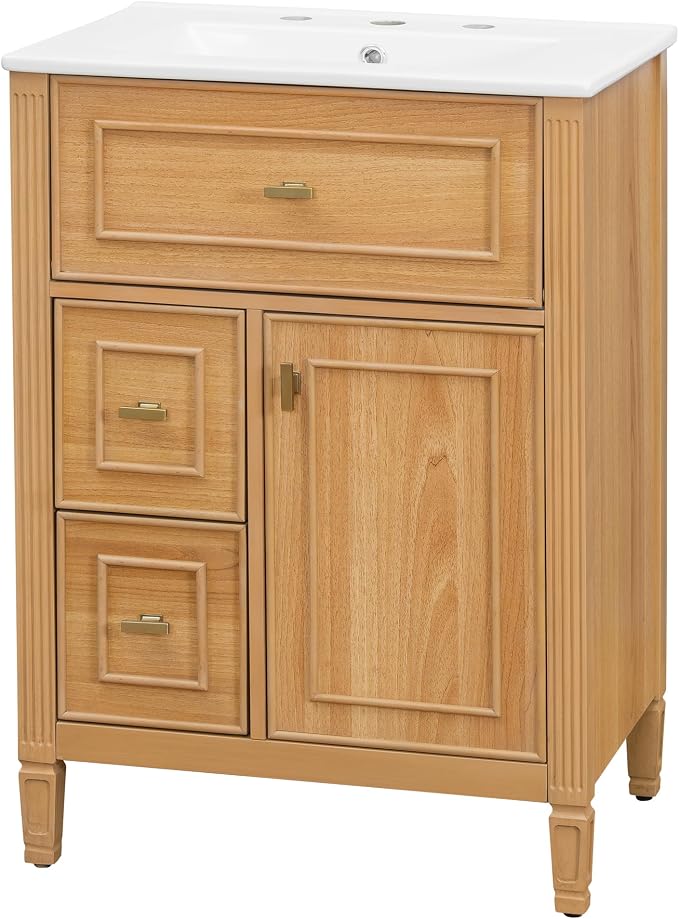 24" Modern Bathroom Vanity with Ceramic Sink, Solid Wood Frame Freestanding Storage Cabinet w/2 Drawers & Tilt-Out Drawer, Door Rack & Adjustable Shelf, Golden Metal Handles, Wood