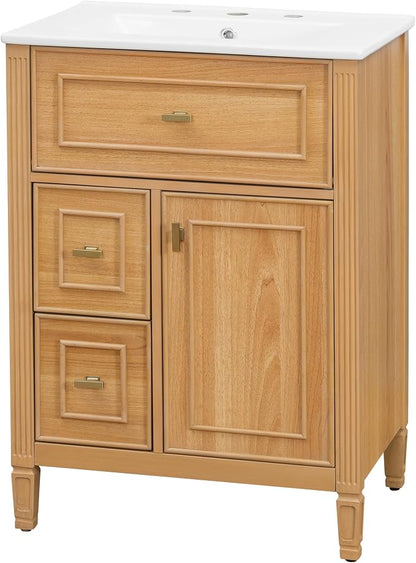 24" Modern Bathroom Vanity with Ceramic Sink, Solid Wood Frame Freestanding Storage Cabinet w/2 Drawers & Tilt-Out Drawer, Door Rack & Adjustable Shelf, Golden Metal Handles, Wood