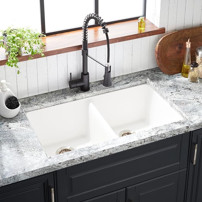 Signature Hardware 447672 Totten 33" Drop In or Undermount 50/50 Double Basin Granite Composite Kitchen Sink | Drop In / Undermount, Granite Composite, Black - White