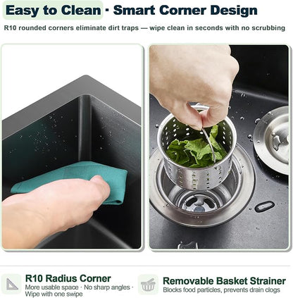 24x18x9 Inch Drop in Kitchen Sink | 304 Black Stainless Steel Single Bowl,Right Offset Drain, R10 Tight Corner, Topmount Kitchen Sink with Strainer & Bottom Grid